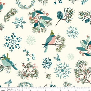 Arrival of Winter Main   C13520-CREAM  by Riley Blake Designs - Snowflakes Birds Wreaths Pinecones Berries - Quilting Cotton Fabric