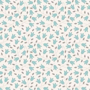 May include: A seamless pattern featuring a repeating design of light blue bell-shaped flowers with grey stems and leaves on a cream background.