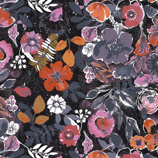 Preordina il tessuto trapuntato della collezione Eerie di maggio Night Bloom nero EER31000 di Art Gallery Fabrics AGF Halloween