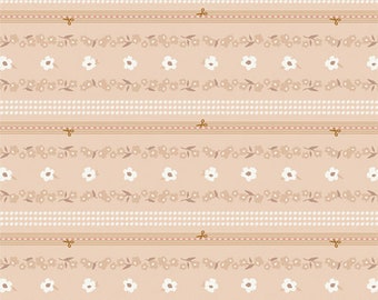 May include: A seamless pattern featuring a repeating design of white flowers and brown leaves on a light pink background. The pattern includes thin brown lines and rows of small white dots.