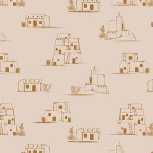 May include: A seamless pattern featuring brown line drawings of adobe style buildings on a light beige background. The buildings are various sizes and shapes, some with ladders and some with crosses on top.