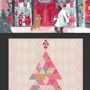 Può includere: Un'illustrazione colorata di un negozio di Natale chiamato "Adventale" con una porta rossa e un'insegna a strisce rosse e bianche. Una donna con un cappotto bianco passa davanti al negozio con un cane. Viene offerta una trapunta stampata digitalmente gratuita all'ordine della collezione completa.