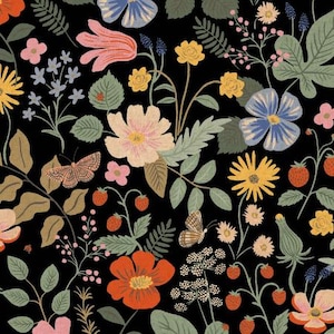 RP400-BK8CP Strawberry Fields - Strawberry Fields - Tessuto pigmentato in tela nera di Rifle Paper Co. Tessuto in cotone + acciaio