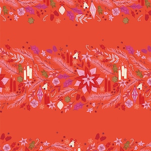 May include: A seamless pattern featuring a festive Christmas design with red, pink, and white floral elements, bells, candles, and candy canes on a bright orange background.