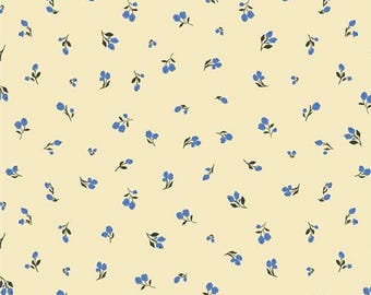 May include: A repeating pattern of small blue floral sprigs with dark green leaves scattered across a pale yellow background. The design features a delicate, all-over floral print, suitable for fabric or wallpaper.