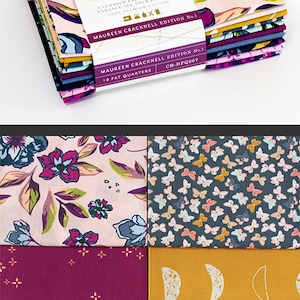 May include: A pack of 10 fat quarter fabric squares featuring a variety of floral, butterfly, moon, and geometric patterns in a color palette of pink, purple, blue, green, yellow, and white. The pack is labeled "Color Master Designer's Palette Maureen Cracknell Edition No. 1" and "CB-DFQ207".