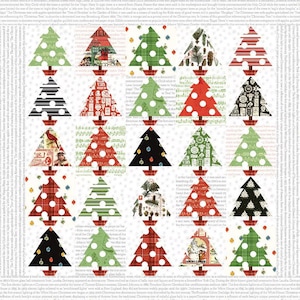 May include: A repeating pattern of Christmas trees in various designs and colors. Each tree is potted in a brown pot and set against a white background with a subtle dotted pattern. The trees feature stripes, polka dots, and other festive patterns.