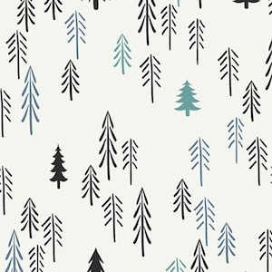 May include: A seamless pattern featuring black and blue stylized pine trees on a white background. The trees are of varying sizes and shapes, creating a whimsical forest scene.