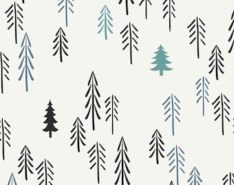May include: A seamless pattern featuring black and blue stylized pine trees on a white background. The trees are of varying sizes and shapes, creating a whimsical forest scene.
