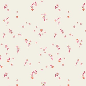 May include: A seamless pattern featuring pink and orange flowers on a cream background. The flowers are scattered randomly across the surface.