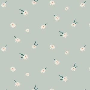 Könnte beinhalten: Ein sich wiederholendes Muster aus weißen Gänseblümchen mit orangefarbenen Zentren und grünen Blättern auf einem gedämpften teal-farbenen Hintergrund. Das florale Design ist einfach und skurril, geeignet für Stoff oder Tapeten.