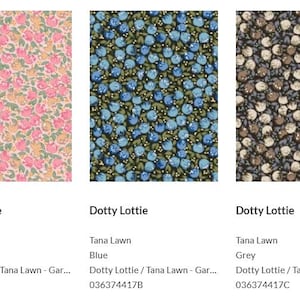 May include: Three fabric swatches with floral patterns. The first is pink with peach and yellow flowers. The second is blue with blue flowers and green leaves. The third is grey with brown and white flowers.