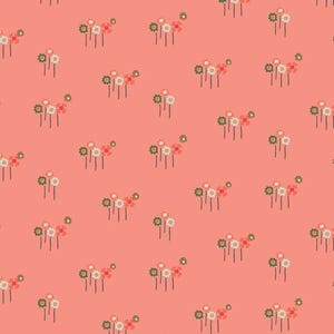 May include: A repeating pattern of stylized flowers in shades of white, red, and green on a coral background. The floral design features clusters of small flowers with thin, dark stems, creating a delicate and whimsical aesthetic.