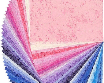 May include: A stack of 25 fabric squares in a variety of shades of pink, purple, and blue. The fabric has a subtle, textured pattern.