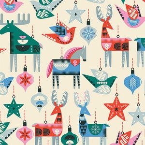 May include: A repeating pattern featuring stylized Christmas ornaments and animal figures. The design includes reindeer, birds, stars, and horse figures in shades of teal, red, pink, and blue, set against a cream background.