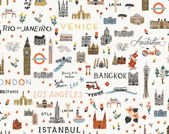 RP800-WH2 Bon Voyage - World Traveler - White Fabric   Rifle Paper Co Cotton+Steel Quilt Cotton Fabric