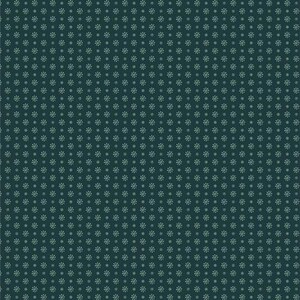 May include: Dark teal background with a repeating pattern of small, light teal floral and dot designs. The floral elements are six-petaled and arranged in a grid-like fashion, creating a textured appearance.