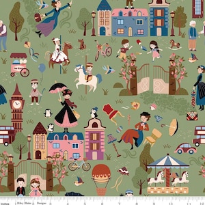 May include: A whimsical fabric design featuring a repeating pattern of cartoon houses, people, and animals on a green background. The illustrations include a carousel, hot air balloon, and a double-decker bus. The design has a vintage, storybook feel.