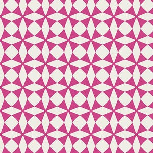 Puede incluir: Patrón geométrico repetitivo con formas rosas sobre fondo crema. El diseño presenta triángulos y rombos, creando un diseño simétrico y atractivo. Ideal para textiles, papel pintado o diseños decorativos.