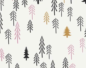May include: A seamless pattern featuring a variety of stylized trees in black, pink, and gold. The trees are arranged in a random pattern on a white background.