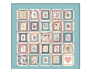 May include: A to Z Jane Austen Panel Quilt, featuring a patchwork design with various Jane Austen-themed illustrations. The quilt measures 78.5" x 78.5" and has a teal border. The quilt pattern is by Bluebird Patterns and is rated intermediate.