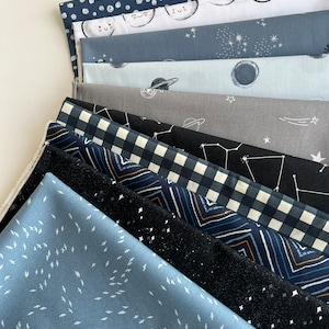 Kids Quilt Fabric Fat Quarters Bundle 10 Pcs  outer  space  Stars Planets  Blue Grey AGF