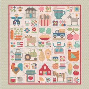 May include: A patchwork quilt featuring farm-themed blocks. The quilt showcases various appliqued images, including a house, pig, utensils, goat, truck, cherries, cow, pie, pear, chicken, and more. The quilt has a cream background with a red border.