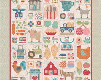 May include: A patchwork quilt with farmyard motifs. The quilt displays appliqued images of a house, pig, cutlery, goat, truck, cherries, cow, pie, pear, chicken, and other farm elements. The quilt has a cream background with a red border.