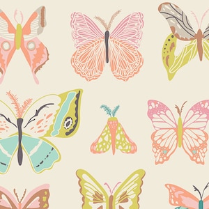 May include: A pattern of colorful butterflies on a cream background. The butterflies are in various sizes and shapes, with intricate details and patterns. The colors include pink, blue, green, yellow, and brown.