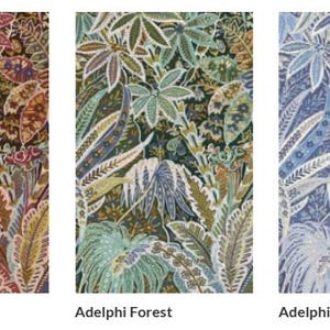 May include: Three fabric swatches labeled Adelphi Forest featuring a dense botanical pattern of palm leaves and ferns. The left swatch is in shades of burgundy and brown, the center in green and gold, and the right in various shades of blue and white.