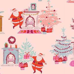 May include: A repeating pattern featuring Santa Claus figures, Christmas trees, fireplaces, and wrapped gifts on a light pink background. The Santa figures are in red suits with white beards. The trees are in pink and blue.
