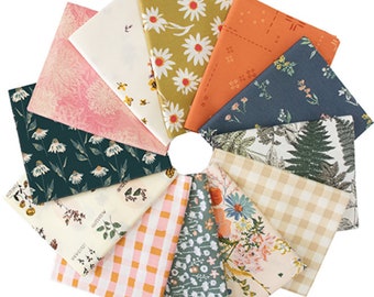 May include: A collection of 12 fabric squares featuring floral and botanical patterns in shades of green, pink, orange, and white. The fabric squares are arranged in a circle.