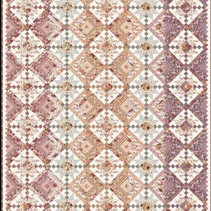 May include: A patchwork quilt with a repeating diamond pattern. The quilt features floral and geometric patterns in pink, cream, and brown. The border is a darker shade of pink.