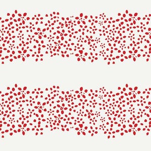 May include: A seamless pattern of red flower shapes on a white background. The pattern is repeated horizontally.