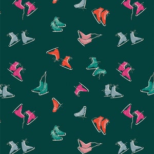 May include: A teal background with a repeating pattern of colorful ice skates. The skates are in various colors, including red, pink, green, and blue. The pattern is a fun and festive design.