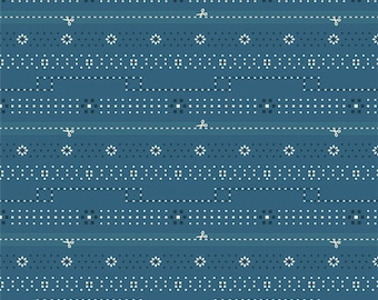 May include: A seamless pattern with a blue background and white geometric shapes. The pattern is made up of rows of small squares and circles, with a dashed line running horizontally across the center of each row.