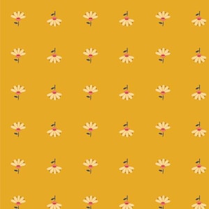 May include: A repeating pattern of small, stylized daisies on a mustard yellow background. Each daisy has white petals, a red center, and a black stem. The design is simple and cheerful.