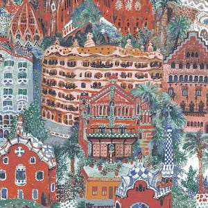 May include: A colorful illustration of buildings in a city, featuring a variety of architectural styles. The artwork uses a palette of reds, oranges, blues, and greens, with palm trees and other foliage interspersed throughout the scene. The buildings have intricate details.