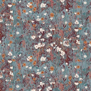 May include: A seamless pattern featuring a field of white, orange, and pink wildflowers on a blue background.