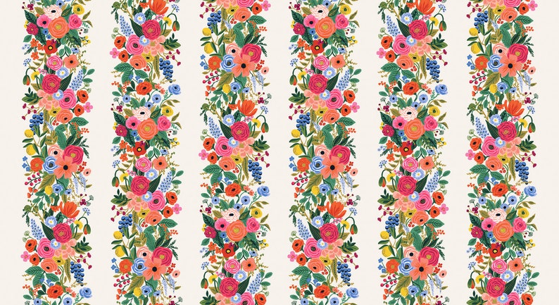 May include: A white background with vertical stripes of colorful flowers. The flowers are in shades of pink, red, orange, yellow, blue, and green. The pattern is a repeating design.