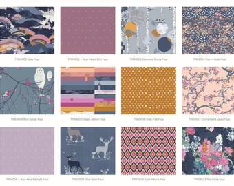 May include: A collection of 12 fabric designs featuring various patterns, including floral, geometric, and nature-inspired motifs. The fabrics are in a variety of colors, including pink, blue, green, and brown.
