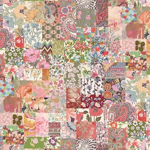 May include: A patchwork design featuring a variety of floral and paisley patterns in a vibrant array of colors. The design is composed of numerous rectangular blocks, each showcasing a unique print, creating a visually rich and textured aesthetic.