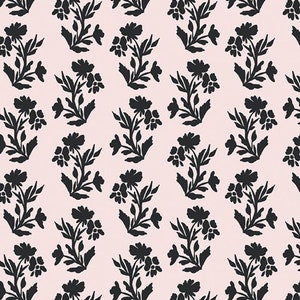 Puede incluir: Un patrón sin costuras con siluetas negras de diseños florales estilizados sobre un fondo rosa claro.