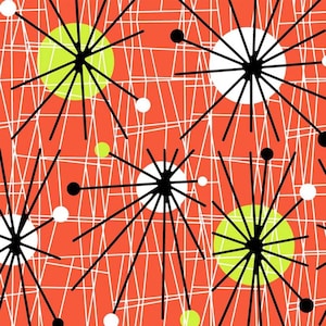 May include: A repeating pattern featuring stylized starbursts and geometric shapes. The design includes black lines radiating from white and black circles, set against a vibrant orange background with a white grid overlay. Accents of white and chartreuse add contrast.
