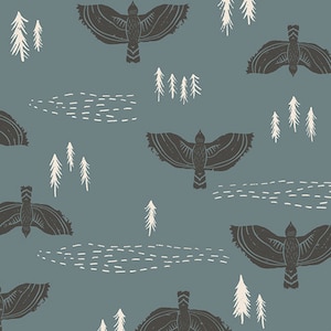 May include: A seamless pattern featuring stylized black birds with outstretched wings flying over a blue background with white trees and dashed lines.
