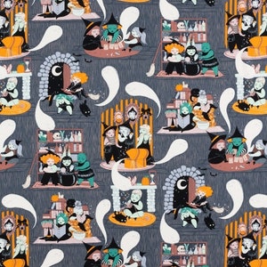 May include: A whimsical fabric design featuring a repeating pattern of witches and ghosts in a dark gray background. The witches are dressed in black and green with pointy hats and are holding brooms, cauldrons, and books. The ghosts are white and translucent and are floating around the witches. The fabric is perfect for Halloween crafts and decorations.