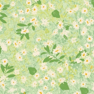 Op de afbeelding: Een naadloos patroon met witte madeliefjes met gele centra en groene bladeren op een lichtgroene achtergrond. Het ontwerp heeft een getextureerde, handgetekende esthetiek, die doet denken aan een veld met wilde bloemen.