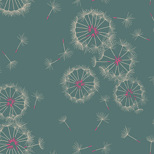 May include: A seamless pattern of white dandelion seeds on a teal background. The dandelion seeds are arranged in a circular pattern with a pink center.
