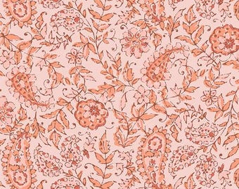 May include: A seamless pattern featuring a light pink background with a repeating design of paisley shapes, flowers, and leaves in shades of orange and coral. The floral elements are detailed and create a vintage aesthetic.