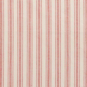 May include: Cream-colored fabric with a repeating pattern of vertical red stripes. The stripes are composed of small, evenly spaced dots, creating a textured appearance. The design is simple and classic, suitable for various textile applications.